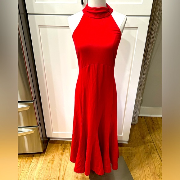 NWOT Anthropologie Red Halter Flounce MIDI Dress With Side Zip - Picture 2 of 11